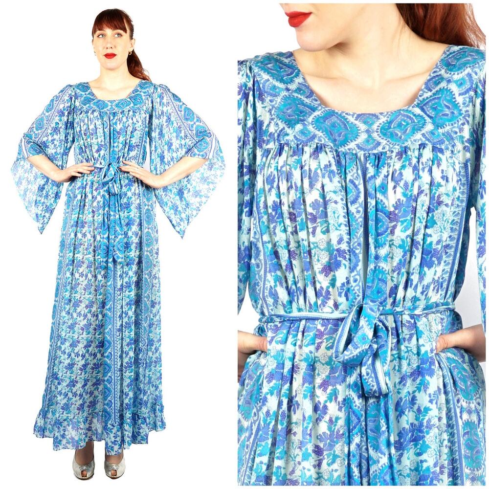 Vintage 70s Bell Angel Sleeve Indian Silk Maxi Caftan Dress Raksha Saks 5th | M